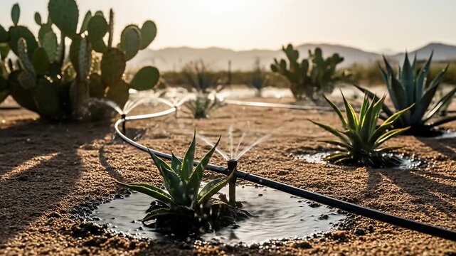 Arid landscape with irrigation system for desert plants at dusk, mountains in background