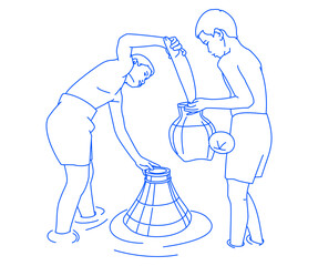 Fishing boy asian farmer people on rice green field during morning time