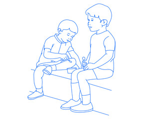 Two young children, sitting on large stone steps.