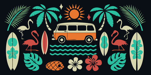 Retro summer vacation scene with a vintage van surfboards flamingos palm trees and tropical flowers © Ratan
