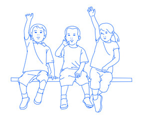 Three Children Sitting On Bench Waving Hands