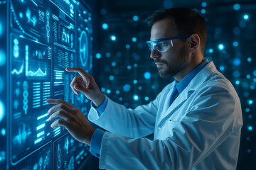 AI generated futuristic doctor in medical laboratory interacting with digital holographic screen showing scientific data and health informatics in a modern clean high tech atmosphere
