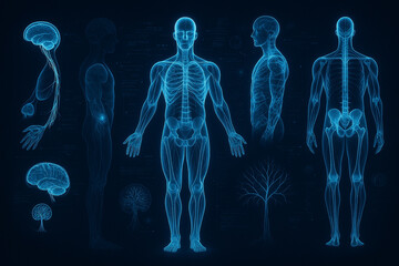 AI generated ultra realistic hologram of human anatomy showing skeleton organs and brain from multiple angles with glowing neon blue futuristic medical science and abstract digital interface