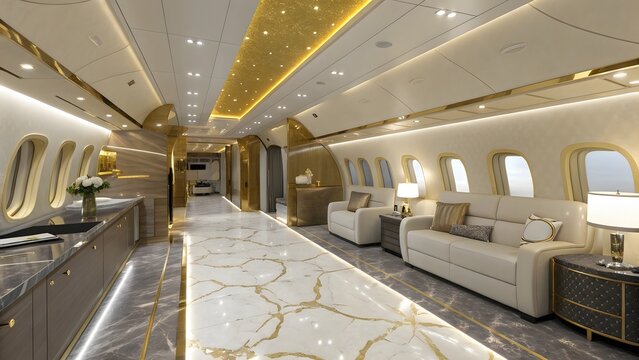 Luxurious private jet interior with elegant decor and plush seating for ultimate travel comfort