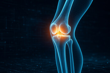 AI generated ultra realistic hologram of human knee joint anatomy glowing in neon blue and orange tones futuristic medical science digital health and orthopedic visualization