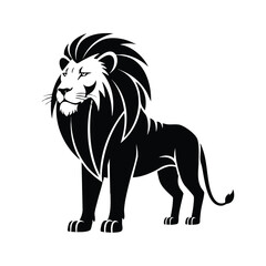A majestic standing male lion with a full mane depicted in a bold black and white graphic style.