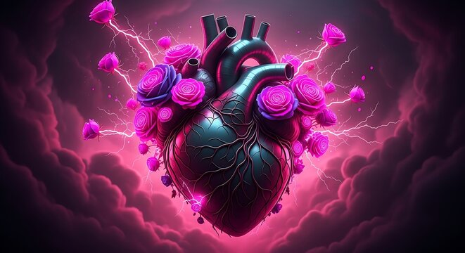 Anatomical heart with roses and lightning