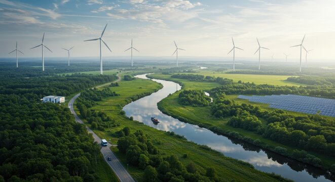 Aerial View of Wind Turbines and Solar Panels in a Green Landscape - Powered by Adobe