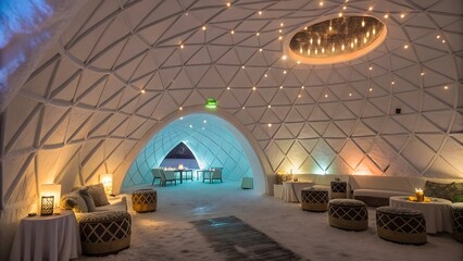 Luxurious igloo hotel interior with illuminated ice sculptures and cozy seating areas