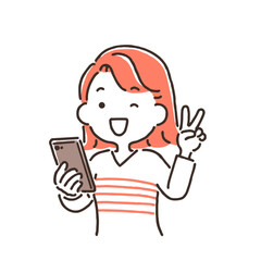 スマホを持ち笑顔でピースしている若い女性（シンプル）