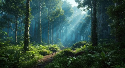 Obraz premium Enchanting Forest Path Bathed in Ethereal Sunbeams