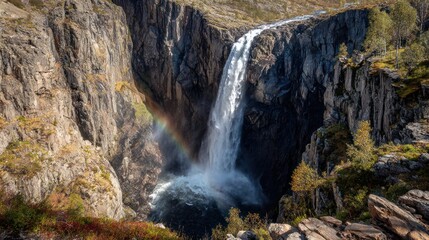 Majestic Waterfall Cascading Down Rocky Cliffs in Scenic Natural Landscape