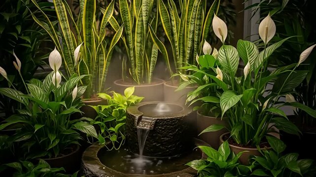 Indoor garden featuring a stone fountain, peace lilies, and sansevieria plants