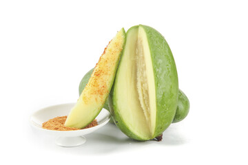 Fresh Green Mango Slices with Spicy Chili Powder on White Background