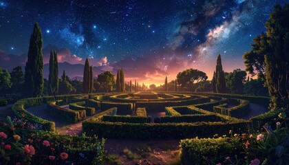 A breathtaking garden maze unfolds under a vibrant night sky, filled with stars and a stunning sunset.