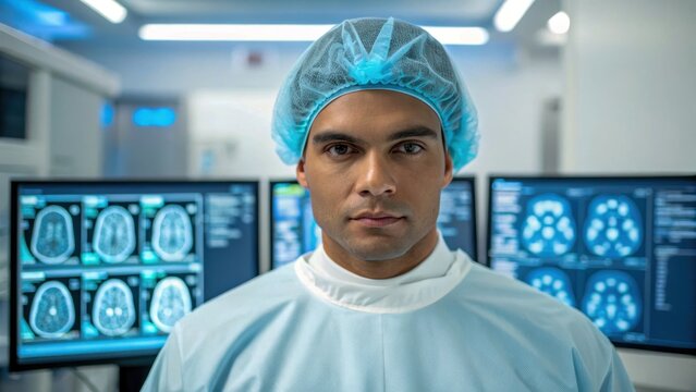 Iot security in medicine hospital doctor portrait medical technology brain scan data privacy digital health confident sterile modern