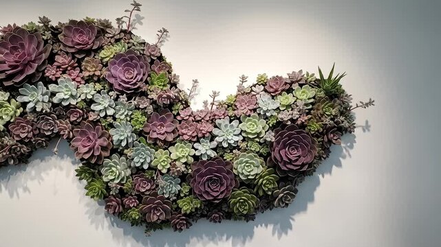 Succulent artwork on a white wall featuring lush purple and green rosettes