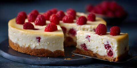 delicious raspberry cheesecake with slice cut out on dark background