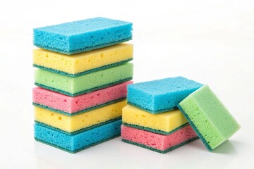 Stack of new multi-colored kitchen sponges for washing dishes on white background
