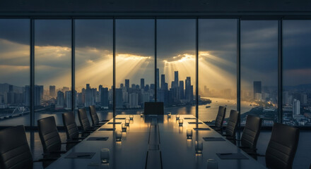 Panoramic view from a modern boardroom overlooking a vibrant city skyline at dawn, symbolizing strategic vision and executive leadership.