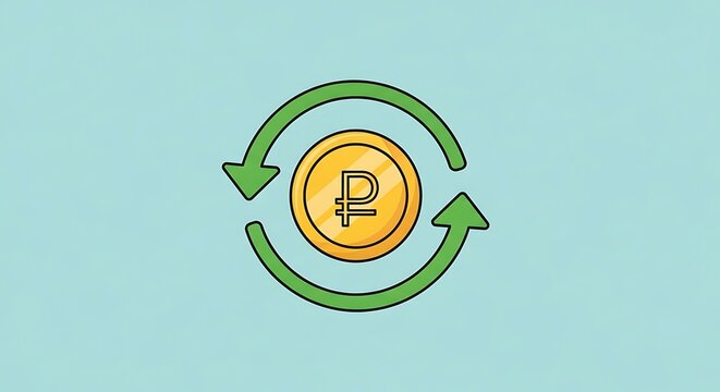 Russian Ruble Currency Circulation:  Animated Gold Coin with Green Arrows on Textured Background