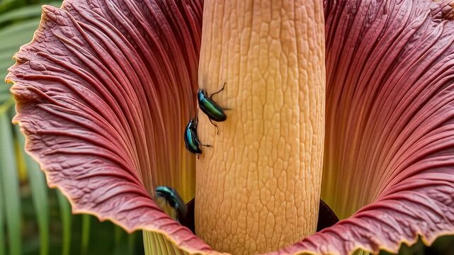 Close-up of a Titan Arum flower with three iridescent green beetles climbing on its spadix