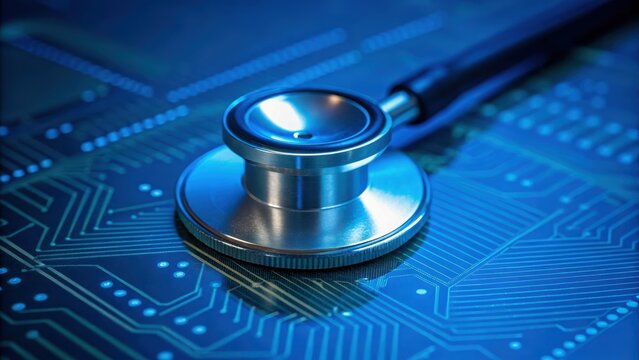 IoT security in medicine concept stethoscope on circuit board healthcare data protection network device encryption safety