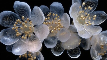 Obraz premium Detailed micro photograph showcases transparent flowers with delicate, gold accented petals.