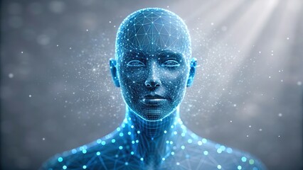 Futuristic head digital mesh blue light cyber face neural network data grid iot security medicine healthcare tech ai concept glowing nodes evoke