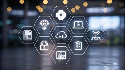 Fototapeta premium IoT security in medicine concept icons glow over blurred office, cloud computing, data privacy, smart device network, clinical workflow efficiency