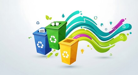 Colorful Recycling Bins with Abstract Swirls, Eco-Friendly Concept Illustration.