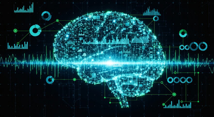 Obraz premium Digital brain concept with glowing particles, representing artificial intelligence, neural networks, and data processing in a futuristic technological interface.