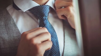 Man Adjusting Blue Polka Dot Tie Wearing Gray Suit in Office Setting