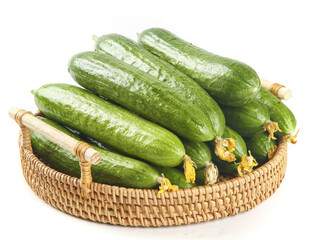 Fresh Green Cucumbers in Wicker Basket on White Background