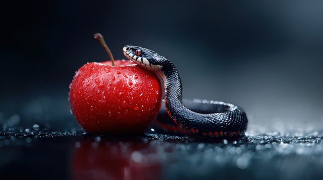 Black snake and wet red apple, dark background