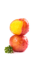 Fresh Red Yellow Plums Water Droplets Guangdong Stone Fruit March Harvest Organic Healthy Food White Background Studio Photography