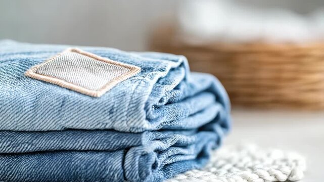 Folded blue denim jeans with patch on fabric