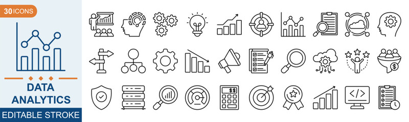 Data analytics icon set. server, monitoring, computing, Database, statistics, network and more. Vector illustration editable eps 10