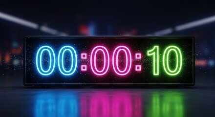 Countdown clock shows ten seconds with neon digital display for events or presentations