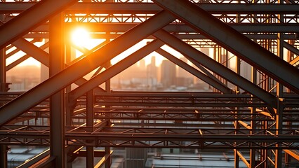 Geometric steel beams under golden hour light, showcasing industrial strength and architectural beauty.