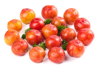 Fresh Red Plums from Guangdong with Water Drops on White Background