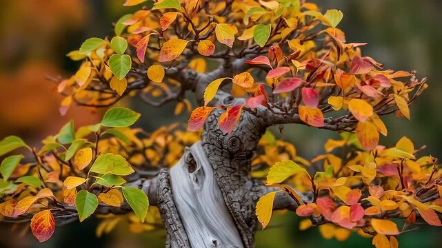 Twisted tree trunk with vibrant fall foliage in hues of green, yellow, and red