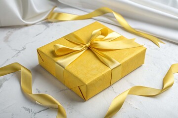 Rectangular box with a gift wrapped in yellow paper and tied with a silk yellow ribbon, on white background
