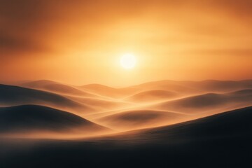 glowing morning sun rising behind rolling hills, misty atmosphere, fresh cool air, dreamy and cinematic soft natural light, High quality image like Modern DSLR Photo