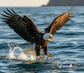 A bald eagle is shown in a dynamic moment, landing on or just having left the water with a fish in its talons, creating a large splash. The image captures the power and precision of the eagle as it hu