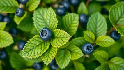 A close-up of blueberry plant foliage showing vibrant green leaves with natural texture in a clean composition.