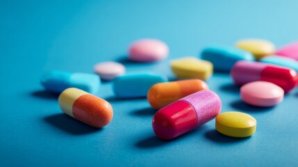 Symphony of medication: a visual display of health aids. Modern style. A simple display of colorful tablets against a soft blue canvas. Clear focus. Rule thirds.