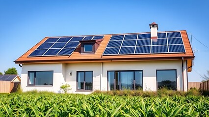 Fototapeta premium A modern house with integrated solar panels, representing sustainable living and architecture.