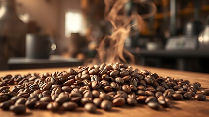 Freshly roasted coffee beans on wood with aromatic steam in warm directional light.
