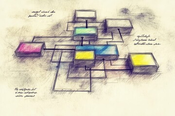 Colorful Flowchart Illustration with Boxes and Connections